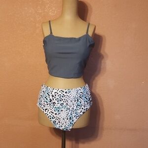 Grey white teal leopard bikini! Beach vacation swim pool travel Size large!